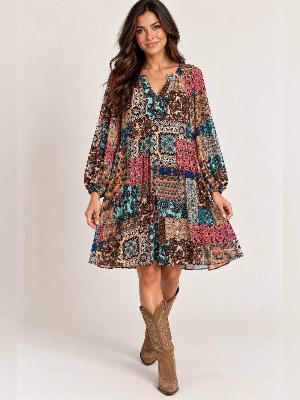 Umgee Boho Patchwork Print Long Sleeve Dress Size S